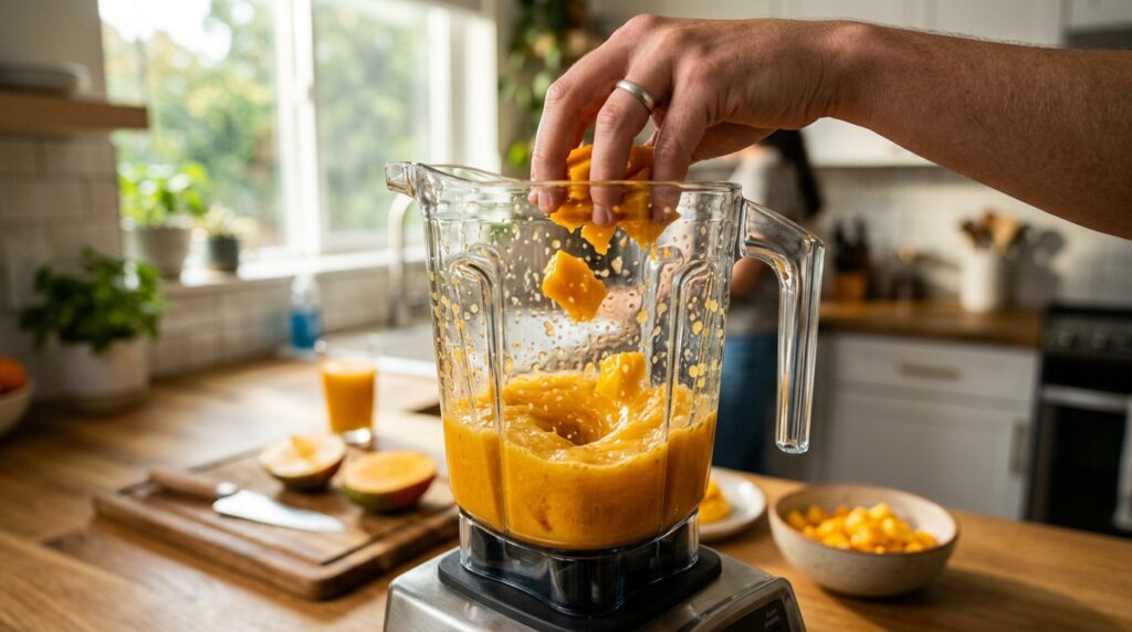 تحضير عصير مانجو طازج في الخلاط مع قطع المانجو الطازجة